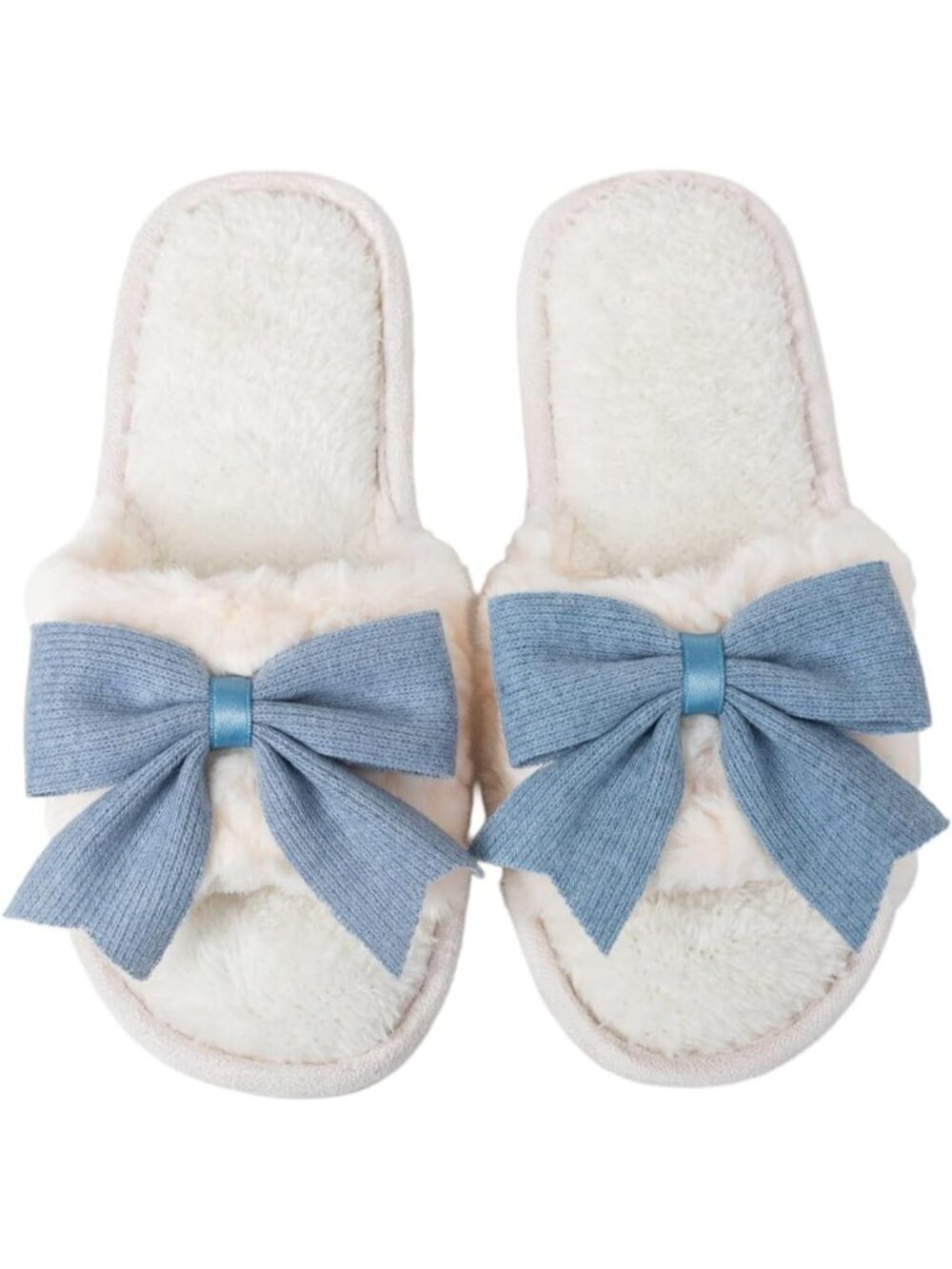 Women's Blue Fuzzy Bow House Slippers Memory Foam Slides Open Toe Plush Fleece
